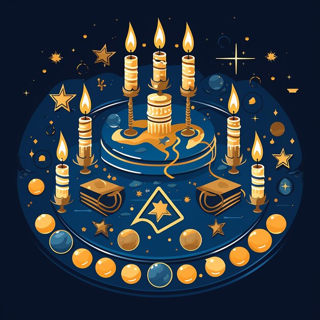 Ilustração conceitual de Hanukkah em estilo de design plano que apresenta uma menorá festiva de Hanukkiah com