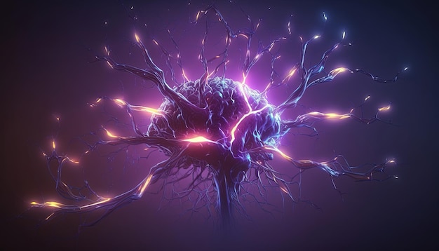 Ilustração conceitual de IA generativa de células de neurônios com nós de link brilhantes no espaço escuro abstrato