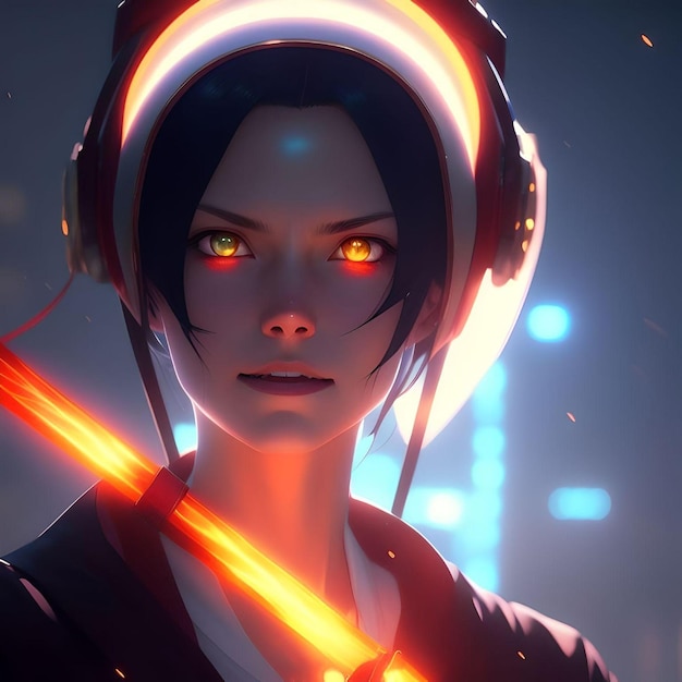 Ilustração conceitual de personagem cyberpunk estilo anime distópico