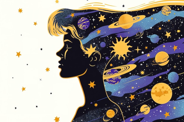 Foto ilustração conceitual de uma bela mulher com estrelas e planetas em sua cabeça