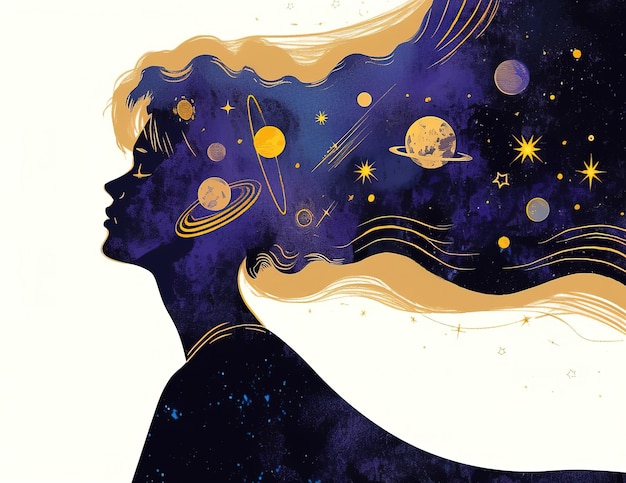 Foto ilustração conceitual de uma bela mulher com estrelas e planetas em sua cabeça