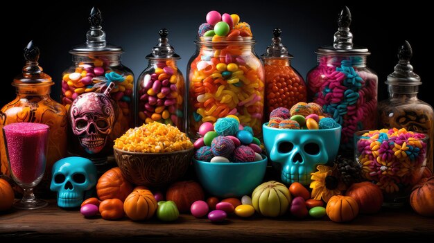 Ilustração conceitual de uma ilustração brilhante de doces em um fundo colorido de estilo Halloween IA geradora