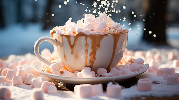 Ilustração conceitual na qual um marshmallow cai em uma xícara de cacau em close-up AI gerativa