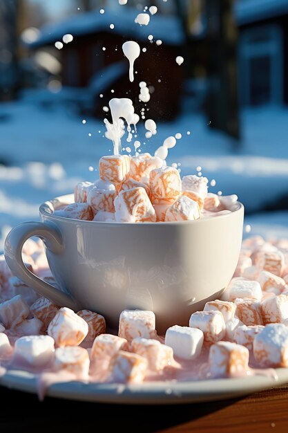 Ilustração conceitual na qual um marshmallow cai em uma xícara de cacau em close-up AI gerativa