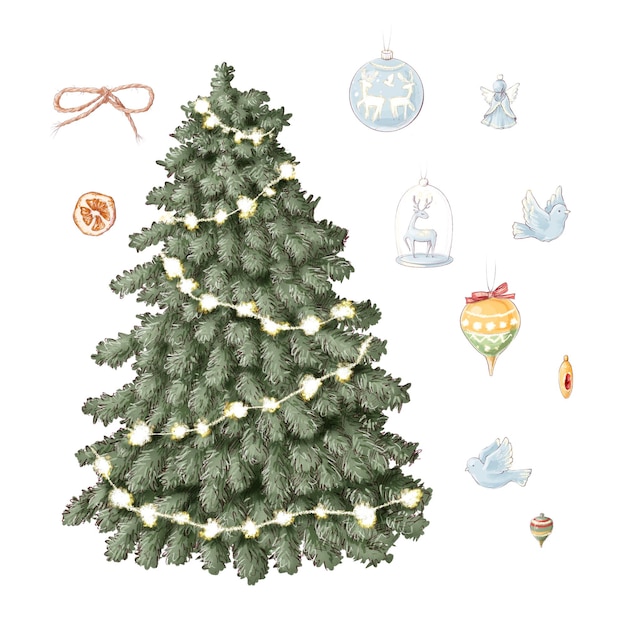 Foto ilustração conjunto de natal de abeto e decorações