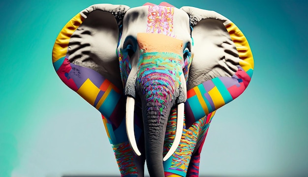 ilustração corpo completo de elefante com traje criativo colorido de pé contra fundo brilhante