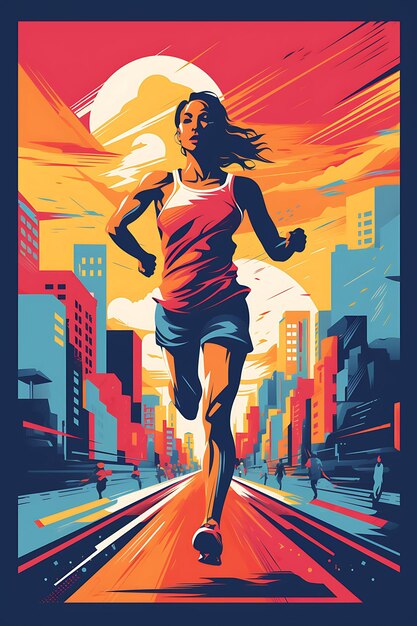 Foto ilustração corrida urbana energético e dinâmicoesquema de cores bold e con flat poster de arte esportiva 2d