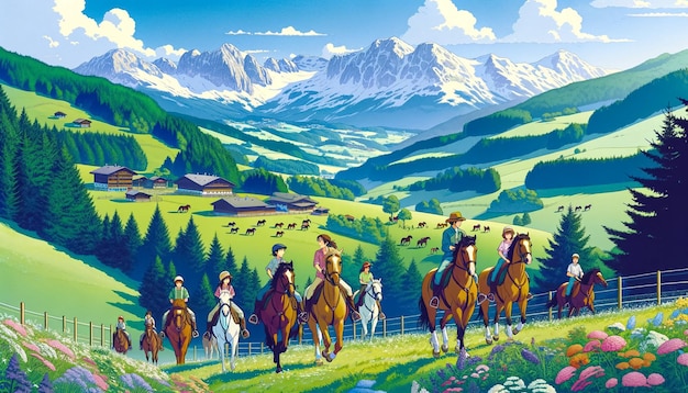 Ilustração crianças montando cavalos nos alpes em uma das fazendas de cavalos da áustria