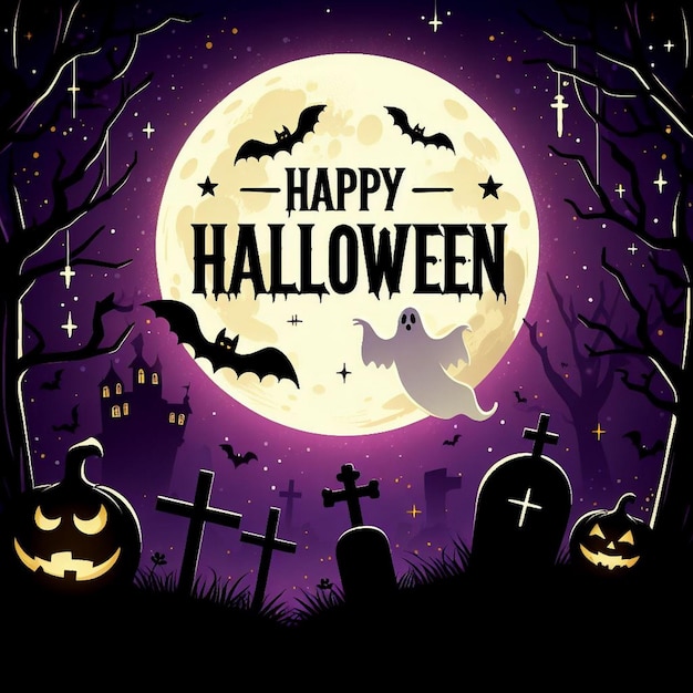 Ilustração criativa festiva de Halloween com morcegos voadores de lua brilhante e cemitério