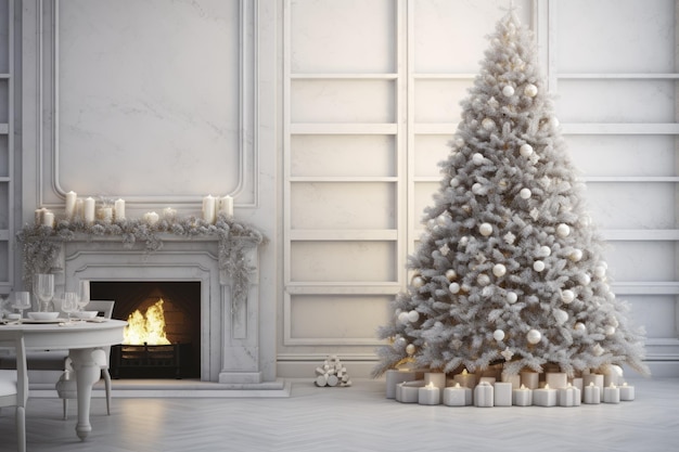 Ilustração da árvore de Natal e das caixas de presente no interior de uma sala branca e clara