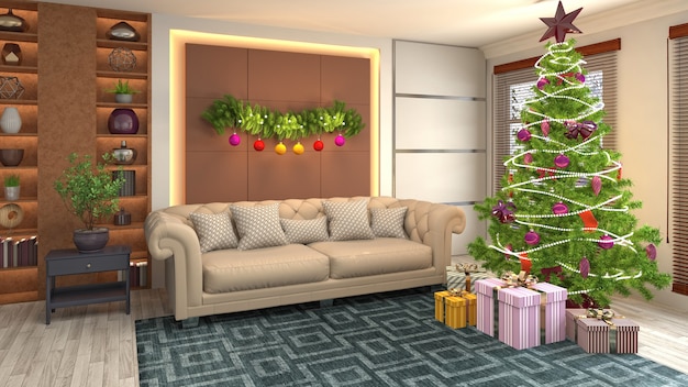 Ilustração da árvore de Natal no interior da sala de estar