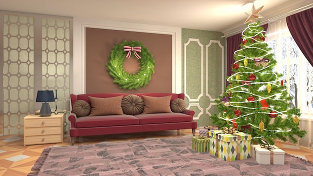 Ilustração da árvore de Natal no interior da sala de estar