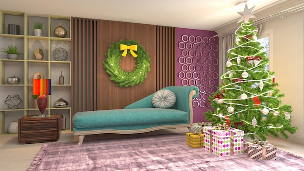 Ilustração da árvore de Natal no interior da sala de estar