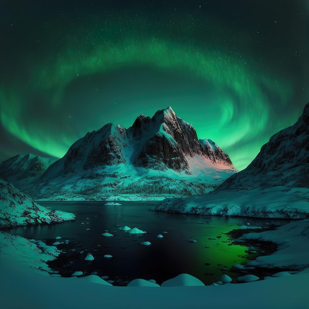 Ilustração da aurora boreal verde no céu acima das montanhas da Noruega Céu noturno com polar