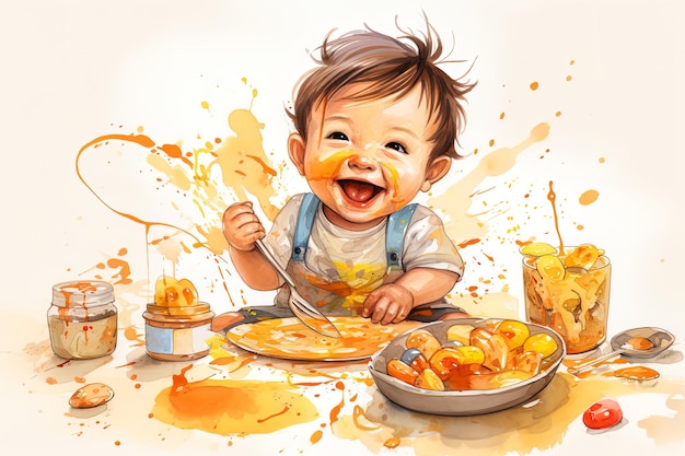 Ilustração da bagunça que os bebês criam enquanto experimentam comida