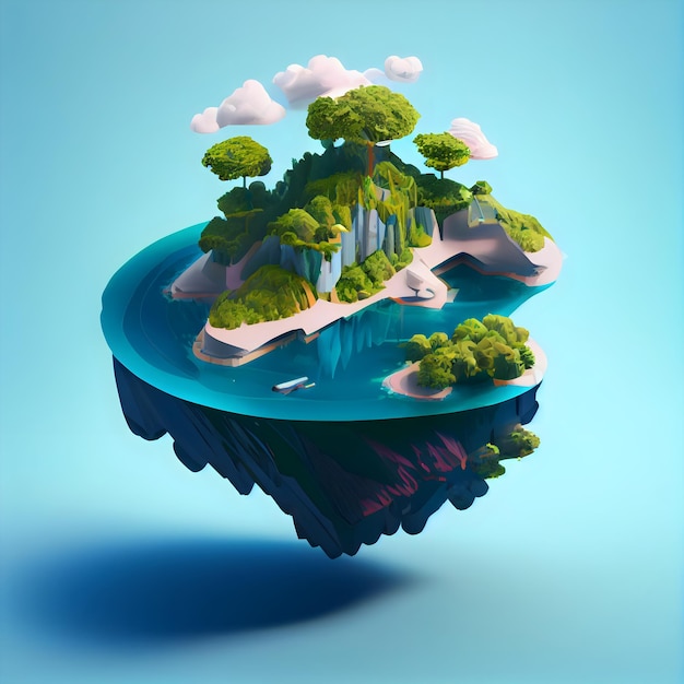Ilustração da bela ilha paradisíaca de fantasia flutuando no ar generativo ai