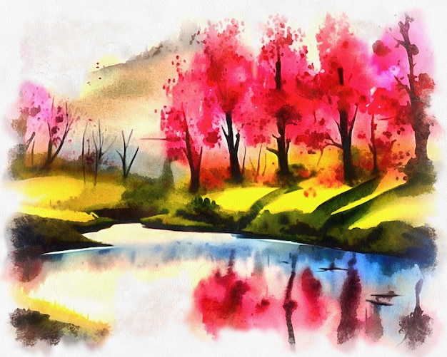 Ilustração da bela paisagem em estilo de pintura em aquarela na tela de papel Generative AI