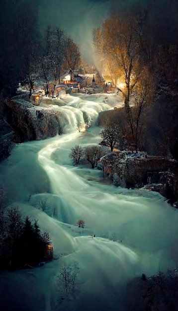 Ilustração da bela paisagem natural selvagem com cachoeira e rio de altas montanhas