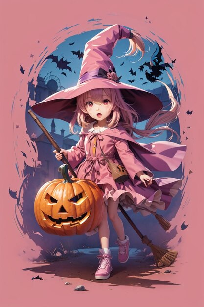 Ilustração da bruxa rosa de halloween em estilo anime