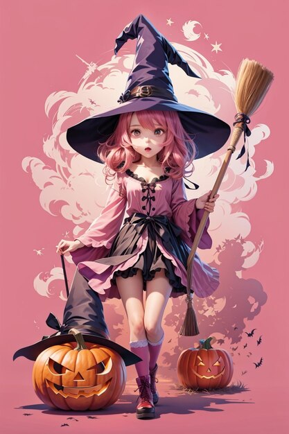 Ilustração da bruxa rosa de Halloween em estilo anime