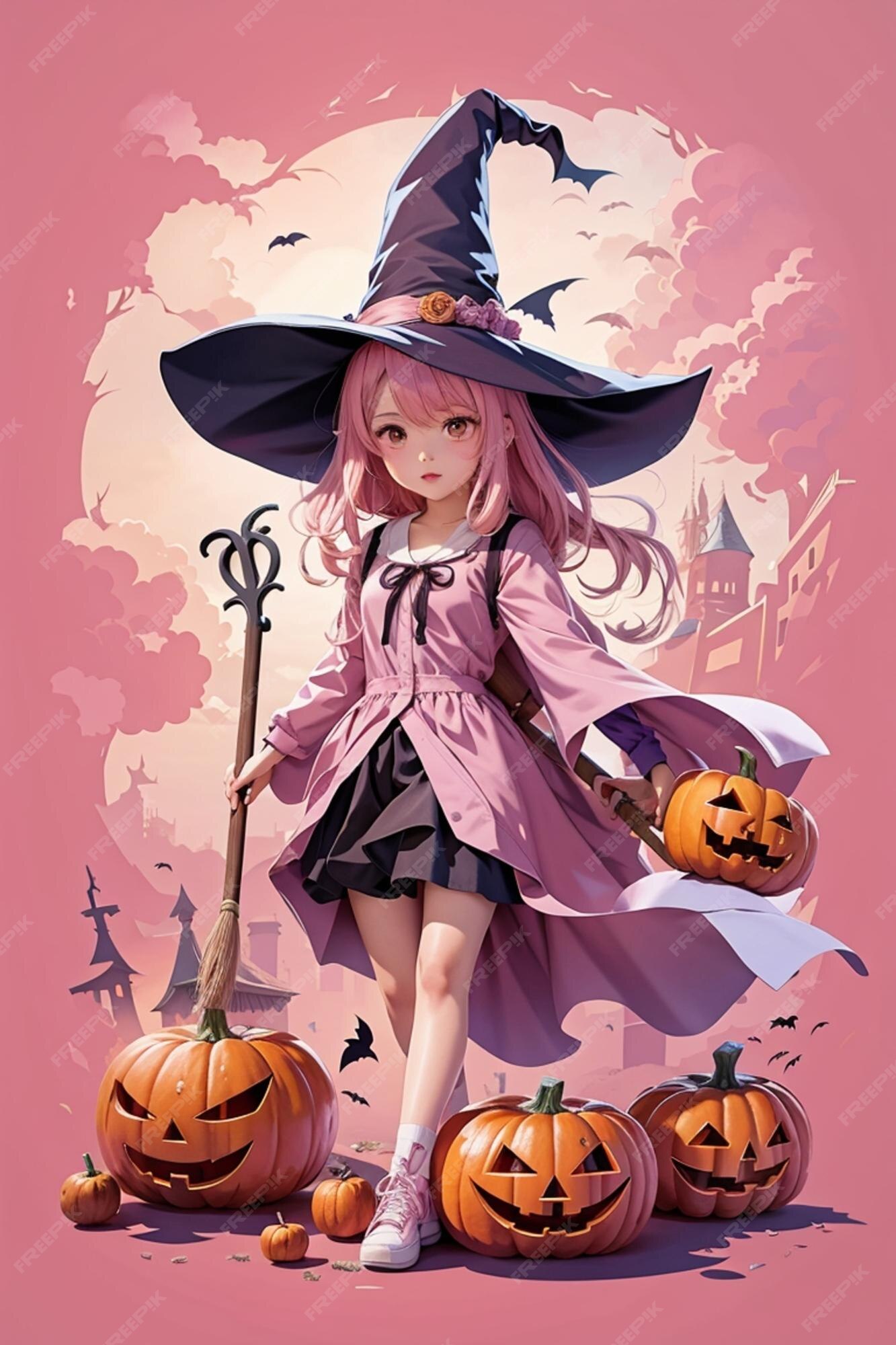 Ilustração da bruxa rosa de halloween em estilo anime