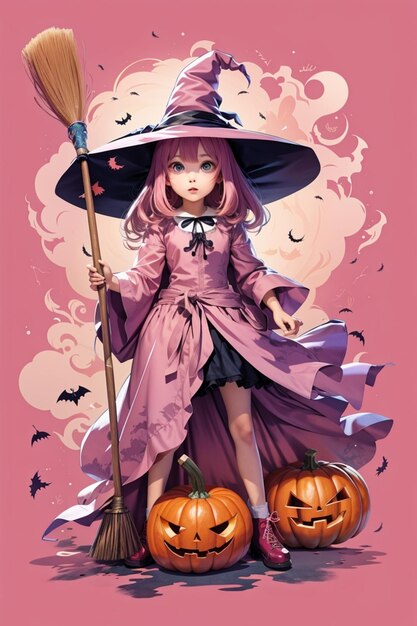 Ilustração da bruxa rosa de halloween em estilo anime