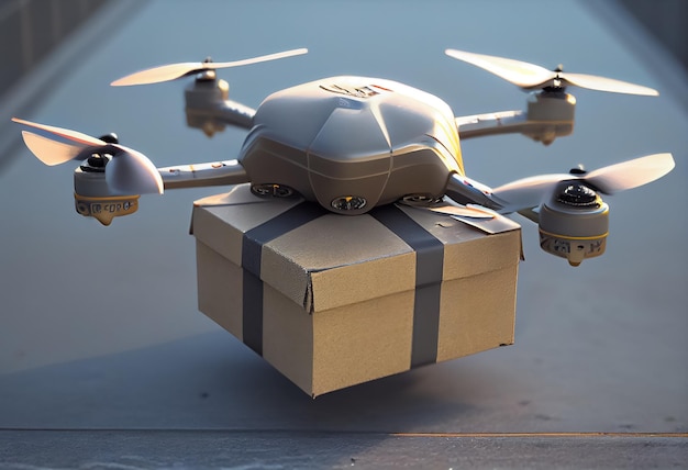 Ilustração da caixa com o conceito de logística mecanizada automática drone ai
