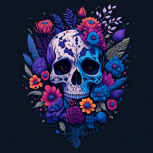 Ilustração da caveira e lindas flores, dia mexicano da morte, design tradicional de feriado