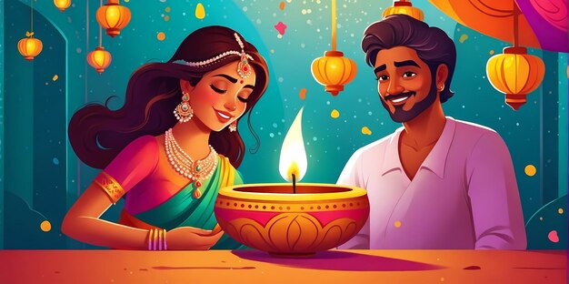 Ilustração da celebração de Diwali com uma bela mulher segurando uma vela brilhante shubh deepavali