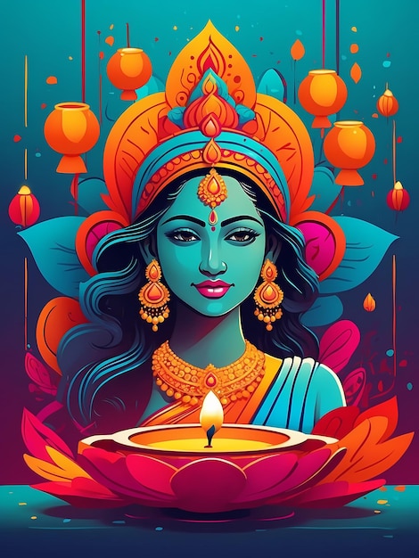 Ilustração da celebração de Diwali com uma bela mulher segurando uma vela brilhante shubh deepavali