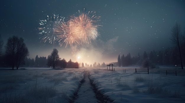 Ilustração da celebração do Ano Novo com muitos fogos de artifício ano novo