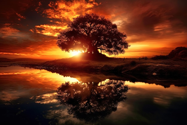 Ilustração da cena com a árvore ao pôr do sol e reflexos na água