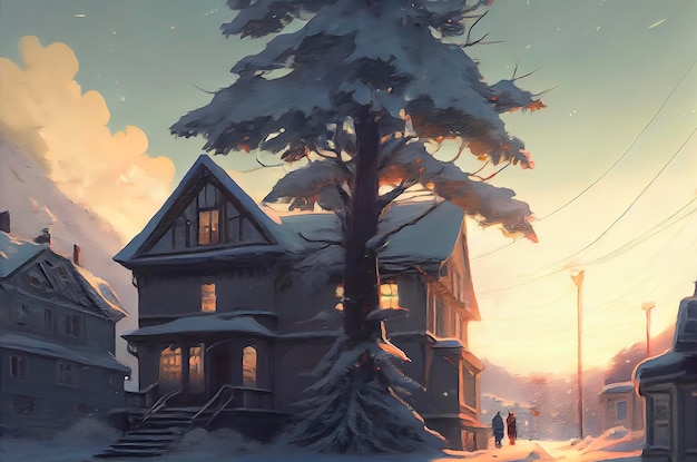 Ilustração da cena de Natal ao ar livre de uma casa de Natal com neve