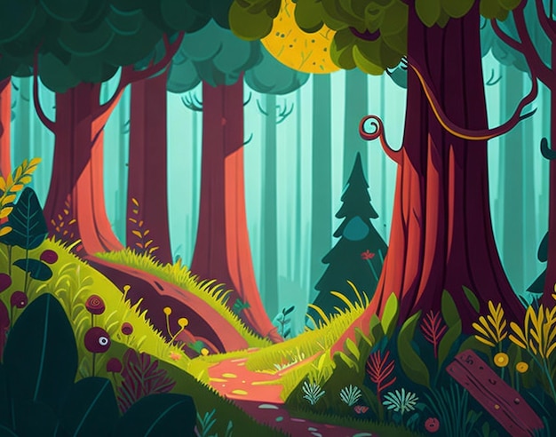 Ilustração da cena do verão da floresta do estilo dos desenhos animados Uma paisagem de selva lúdica gerada por IA