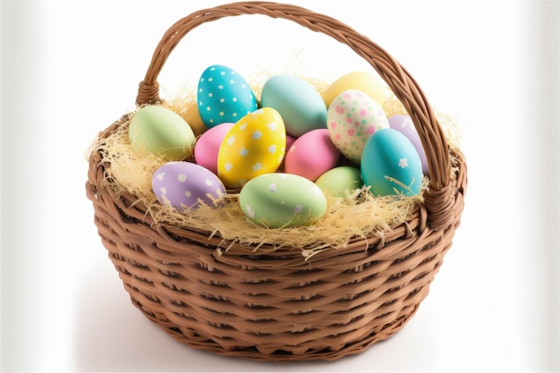 Ilustração da cesta cheia de ovos de páscoa fundo branco Generative AI