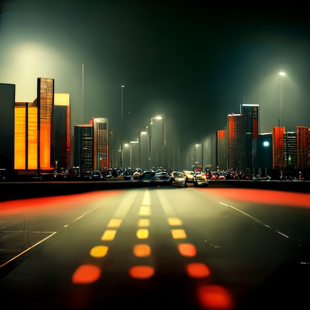 Ilustração da cidade à noite com brilho de néon e cores vivas