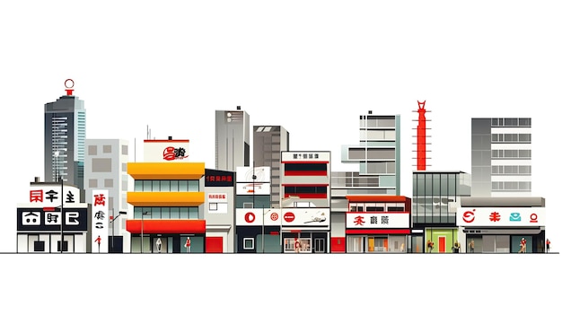 Ilustração da cidade Torres e edifícios em estilo plano moderno em fundo branco Sinais japoneses Loja e eletrônicos