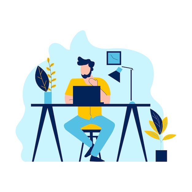 Ilustração da designação plana de um homem empresário a trabalhar com um portátil no escritório