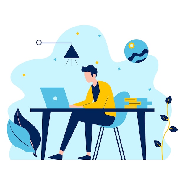 Ilustração da designação plana de um homem empresário a trabalhar com um portátil no escritório