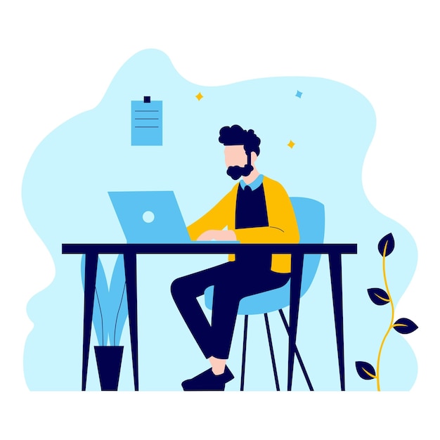 Ilustração da designação plana de um homem empresário a trabalhar com um portátil no escritório