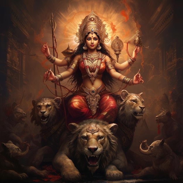 Ilustração da Deusa Durga para Happy Durga Puja ou Subh Navratri Generative Ai