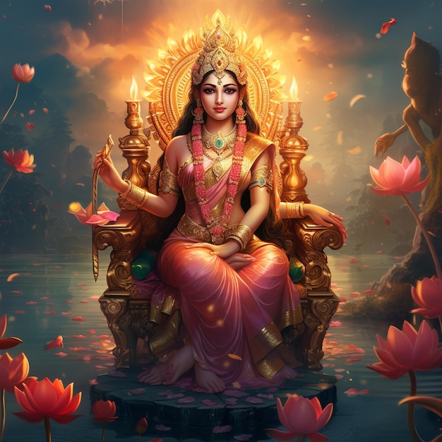 ilustração da deusa Lakshmi sentada em um trono dourado e segurando