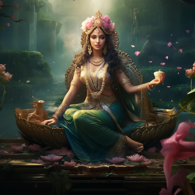 ilustração da deusa Lakshmi sentada em um trono dourado e segurando
