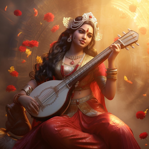 ilustração da Deusa Saraswati devi Feliz Vasant Panchami