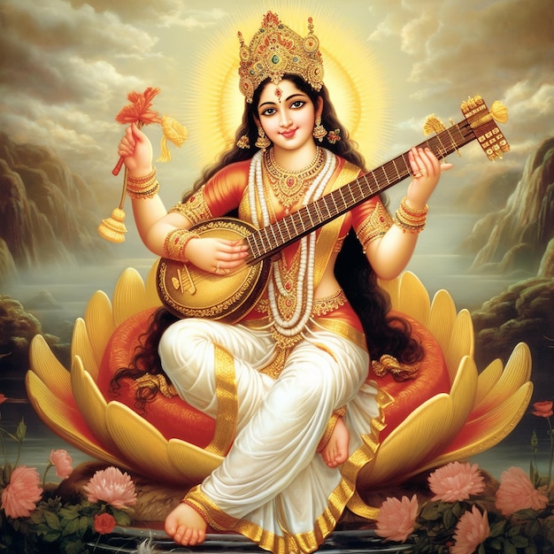 Ilustração da Deusa Saraswati para Vasant Panchami