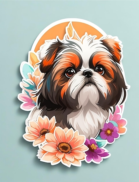 Ilustração da etiqueta bonito shih tzu com flores