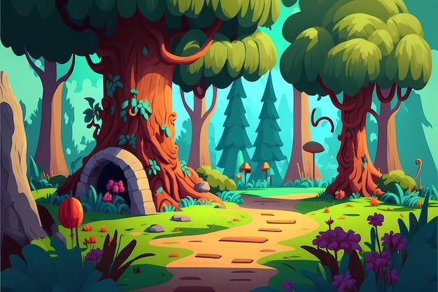 Ilustração da floresta de fundo, paisagem de estilo cartoon, fundo de natureza infinita para jogos de computador