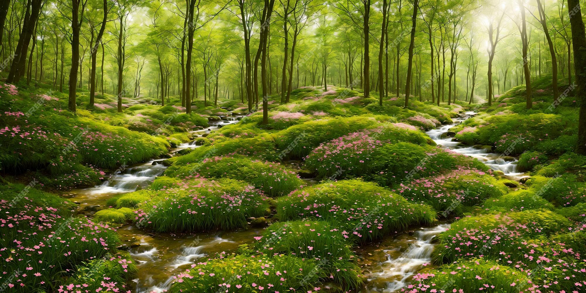 Fundo de paisagem de paisagem de floresta de flores de primavera