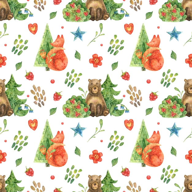 Ilustração da floresta e animais fofos da floresta de urso e raposa