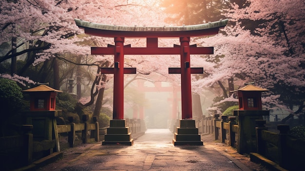 ilustração da imagem atmosférica de um portão torii que leva a um Shint